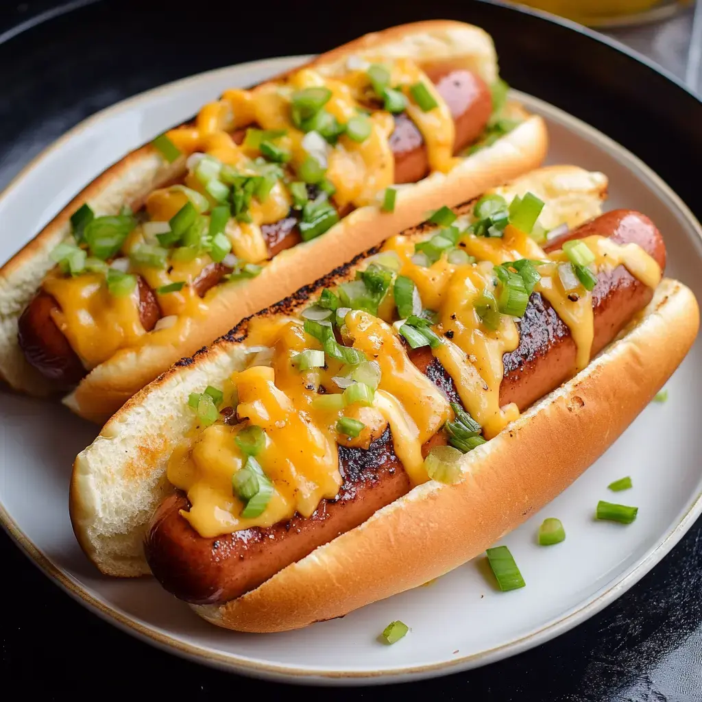 Two grilled hot dogs topped with melted cheddar cheese and chopped green onions in soft buns, placed on a white plate.