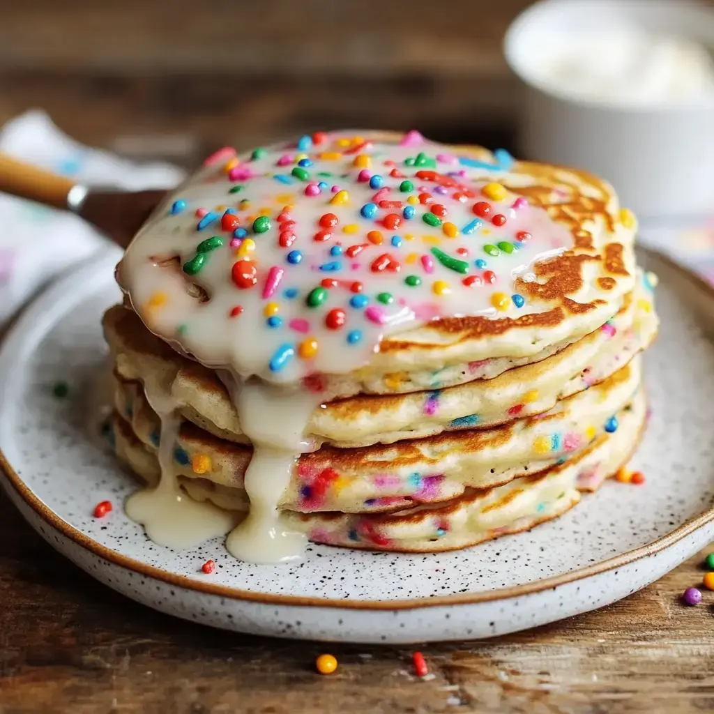 A stack of colorful pancakes topped with a creamy glaze and sprinkles, served on a speckled plate.