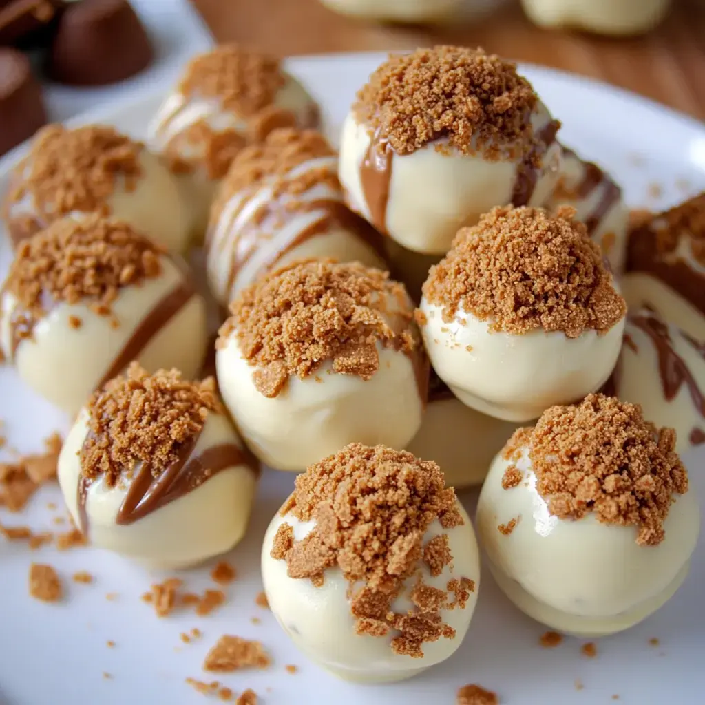 A plate of decorative, white chocolate-covered truffles topped with crumbled brown sugar and drizzled with chocolate.