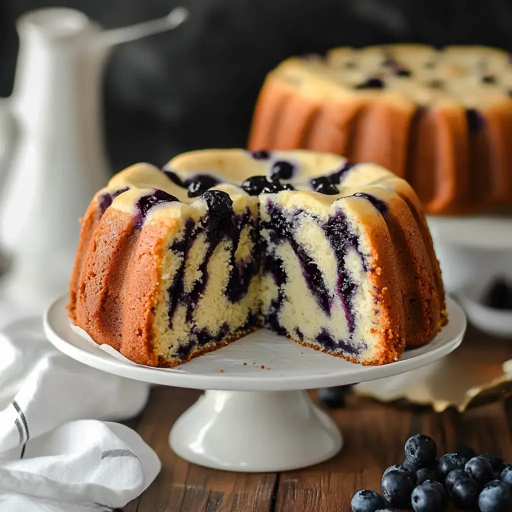 A sliced bundt cake with a blueberry swirl sits on a white pedestal, surrounded by fresh blueberries.