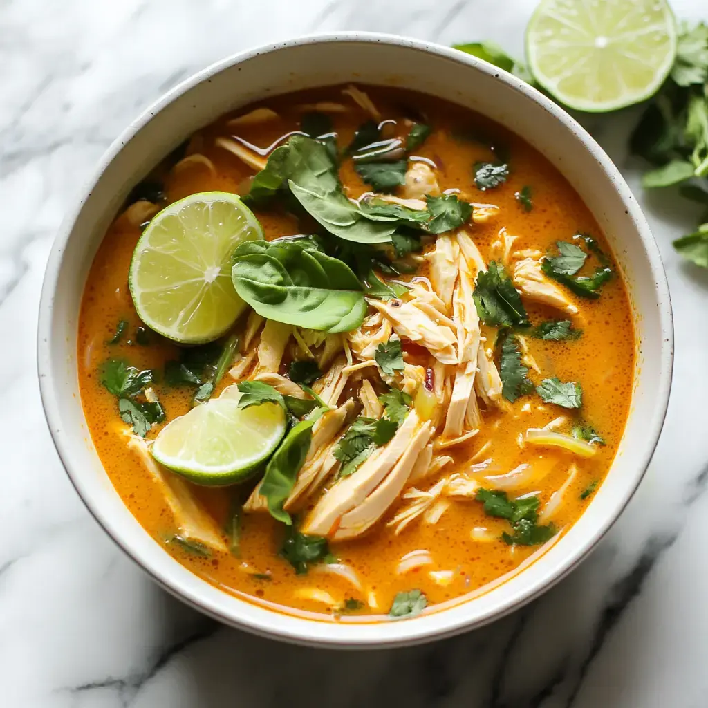 A bowl of vibrant orange soup filled with shredded chicken, fresh basil, cilantro, and lime slices, set against a marble background.