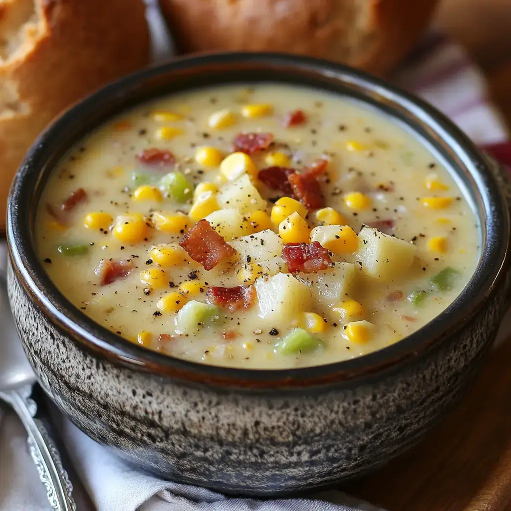 A bowl of creamy corn chowder topped with bacon bits and diced potatoes, accompanied by rustic rolls.