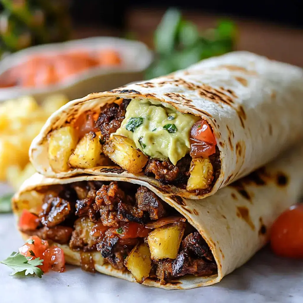 A close-up of two grilled burritos filled with meat, pineapple, and topped with guacamole, served alongside fresh tomatoes and pineapple chunks.