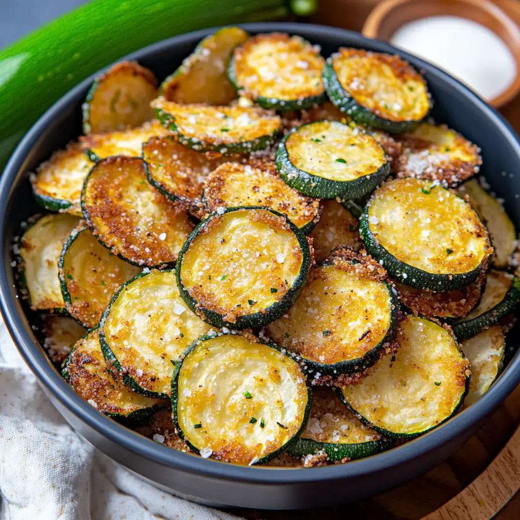 A close-up of a bowl filled with crispy, golden-brown fried zucchini slices garnished with herbs, alongside a whole zucchini and a small dish of salt.