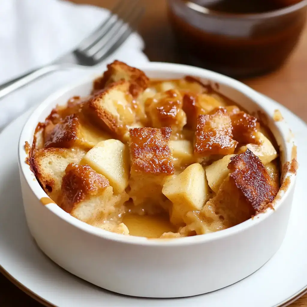 A baked apple dessert with bread cubes and a golden, caramelized topping served in a white dish.