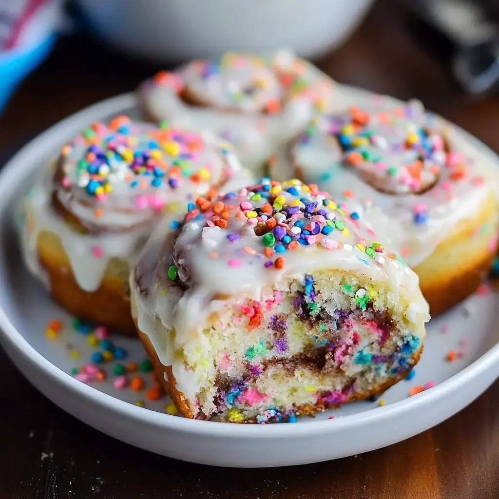 A close-up view of colorful, glazed cinnamon rolls topped with sprinkles on a white plate.