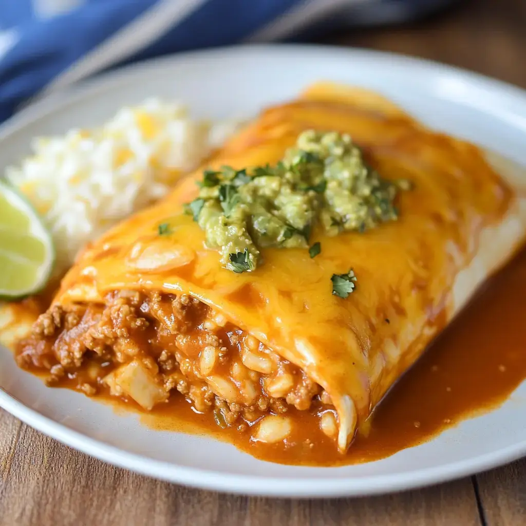 A plate of a cheesy beef and bean burrito topped with guacamole and cilantro, served with a side of rice and a lime wedge.