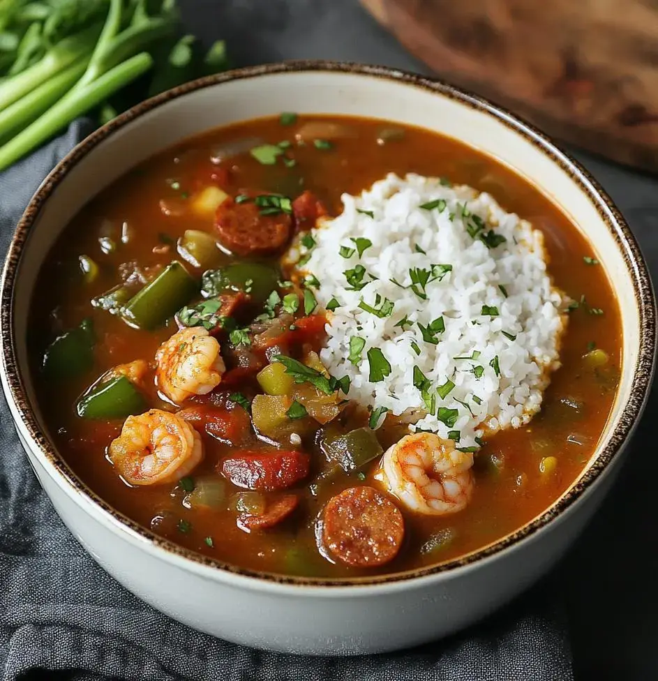 A bowl of shrimp and sausage gumbo with green bell peppers and tomatoes, topped with white rice and chopped parsley.