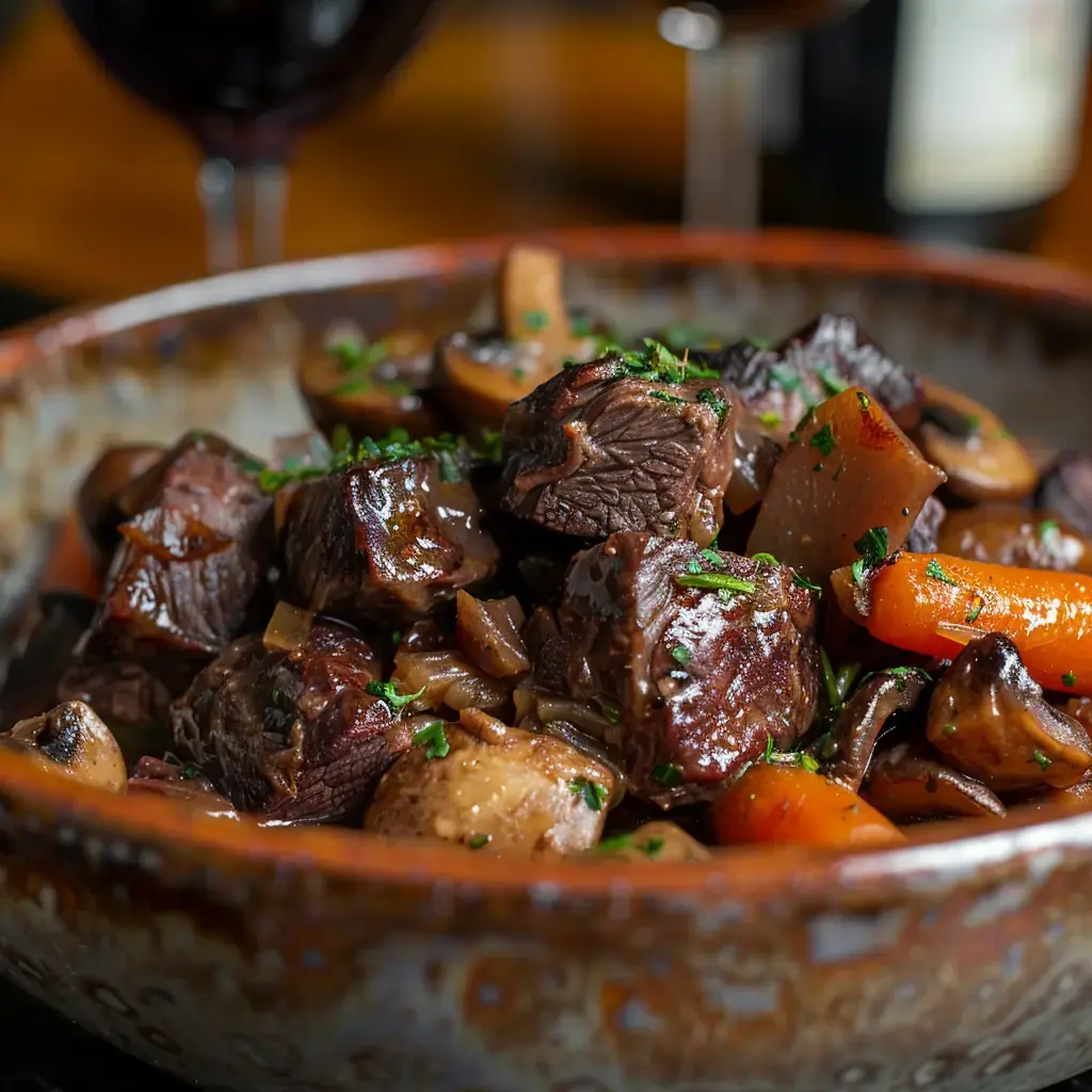 A close-up of a bowl filled with hearty beef stew, featuring tender pieces of beef, mushrooms, carrots, and garnished with parsley, with glasses of red wine in the background.