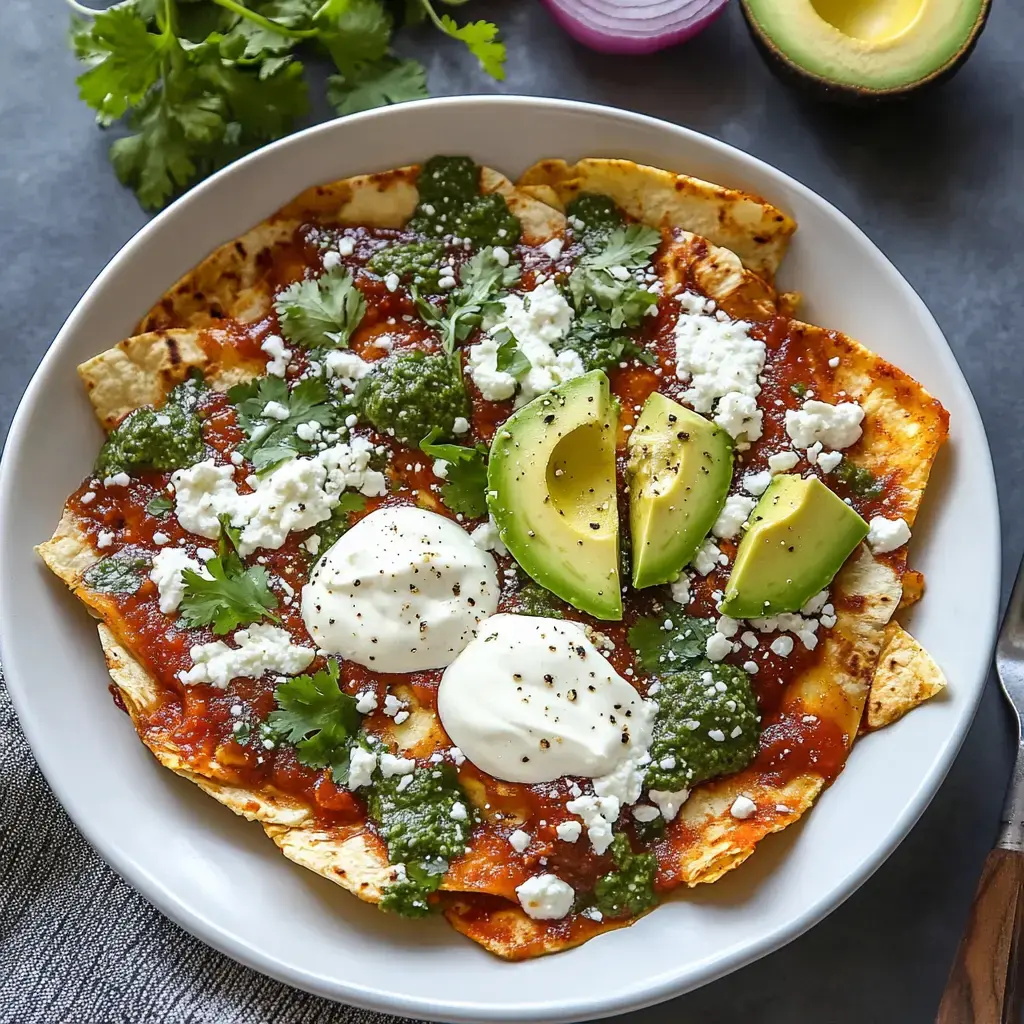 A plate of tortilla chips topped with red sauce, green sauce, diced avocado, cheese, cilantro, and sour cream.