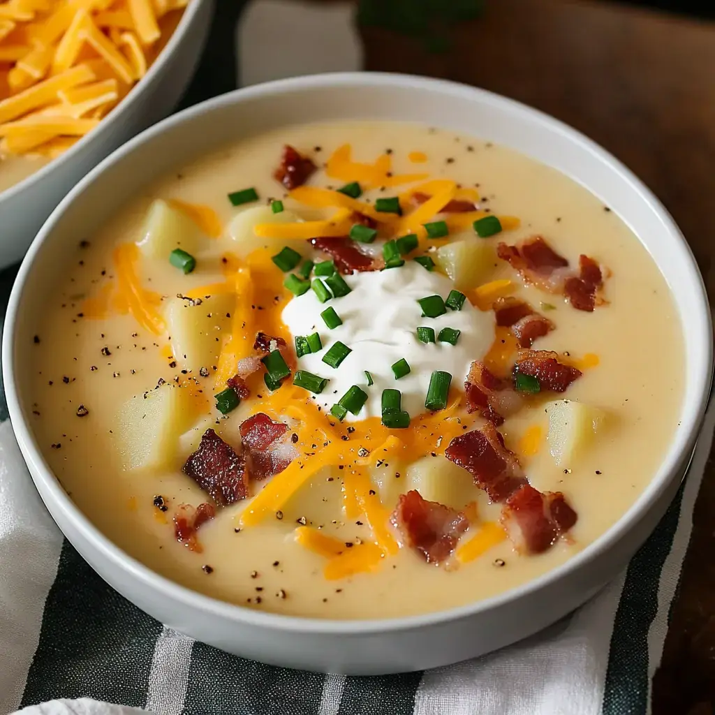 A creamy potato soup topped with shredded cheese, bacon, sour cream, and chopped green onions in a white bowl.