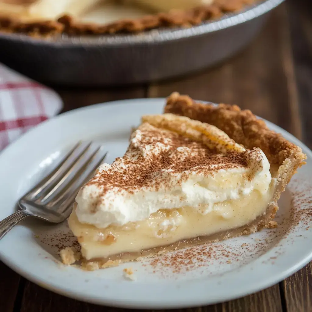 A slice of creamy pie topped with whipped cream and a dusting of cocoa powder sits on a white plate next to a fork.