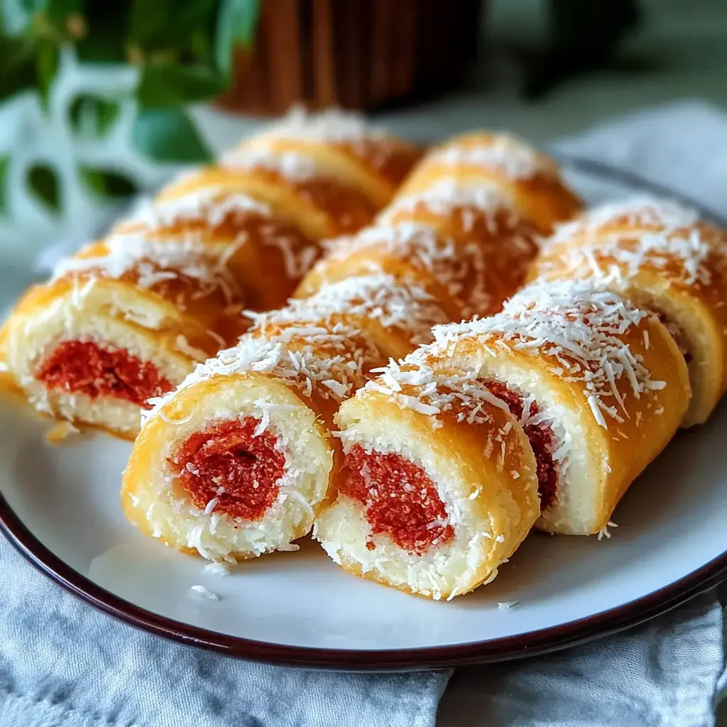 A plate of rolled pastries filled with red sweet filling and topped with shredded coconut.