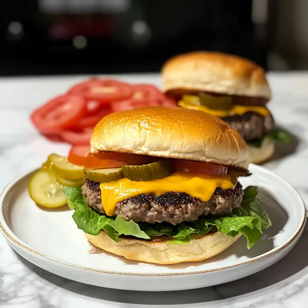 A close-up of a cheeseburger with lettuce, tomato, pickles, and melted cheese, served on a plate with additional tomato slices in the background.