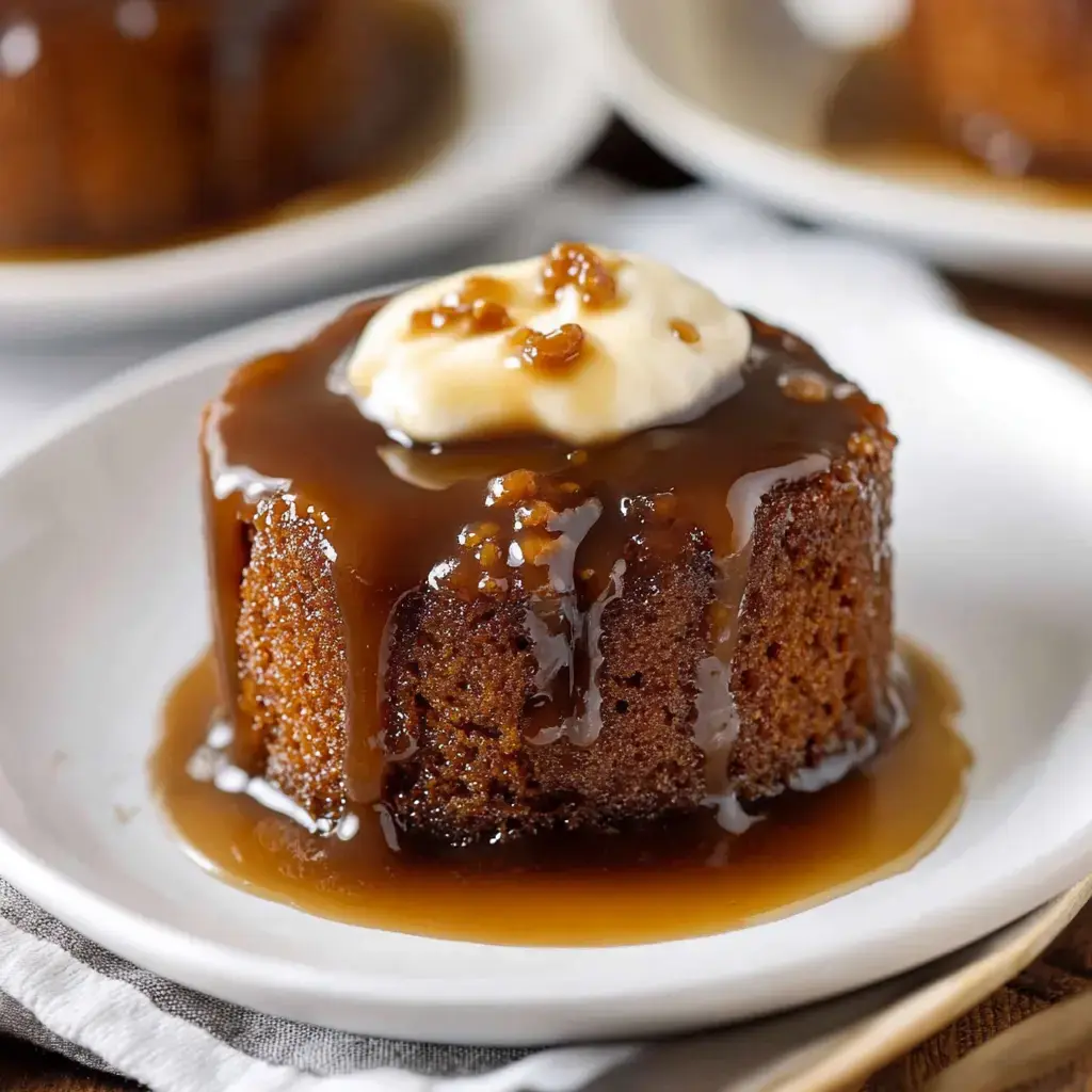 A moist sticky toffee pudding topped with creamy sauce and a dollop of whipped cream sits on a white plate.