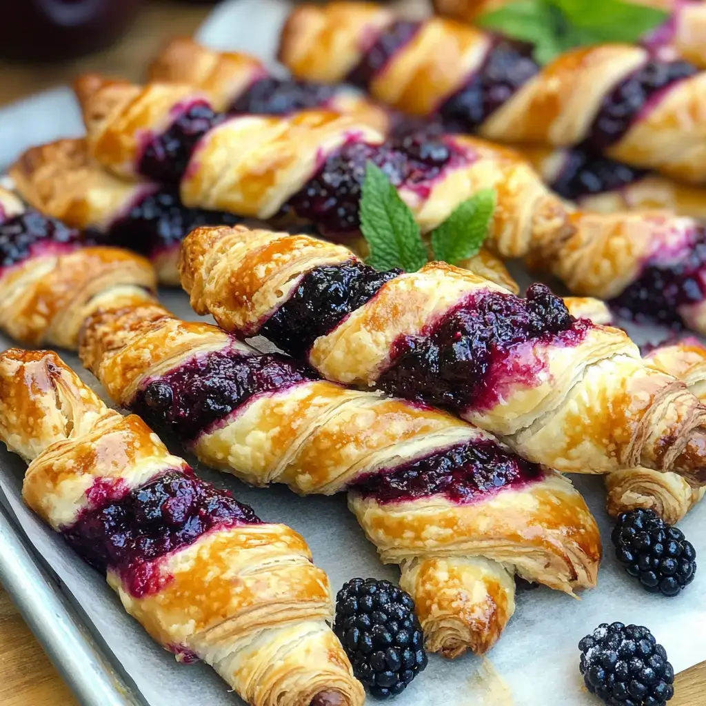 A close-up of golden-brown, twisted pastries filled with blackberry jam, garnished with fresh blackberries and mint leaves.