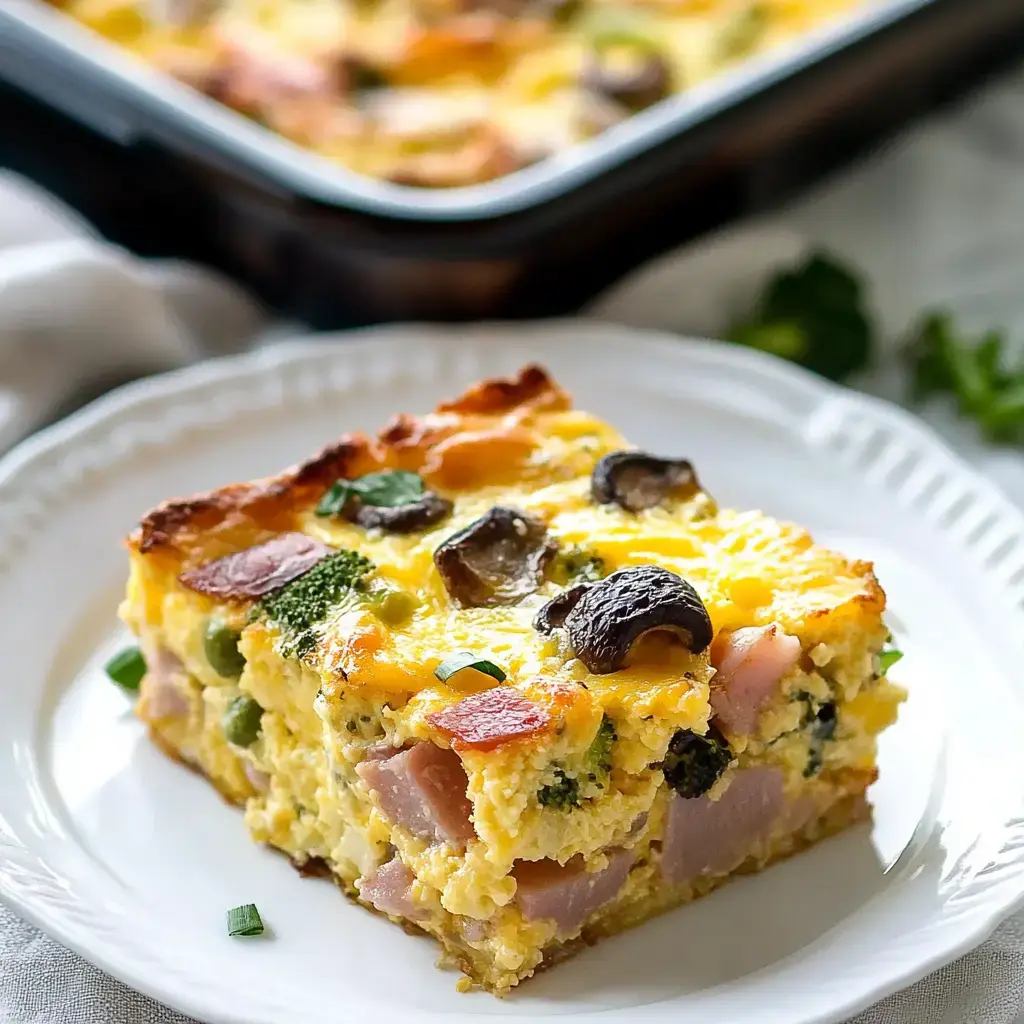 A slice of baked egg casserole with broccoli, ham, and mushrooms served on a white plate.