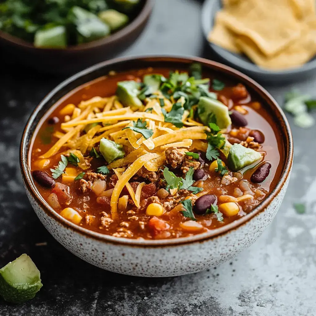 A close-up of a bowl of chili topped with shredded cheese, diced avocado, cilantro, and corn, with lime and additional toppings in the background.