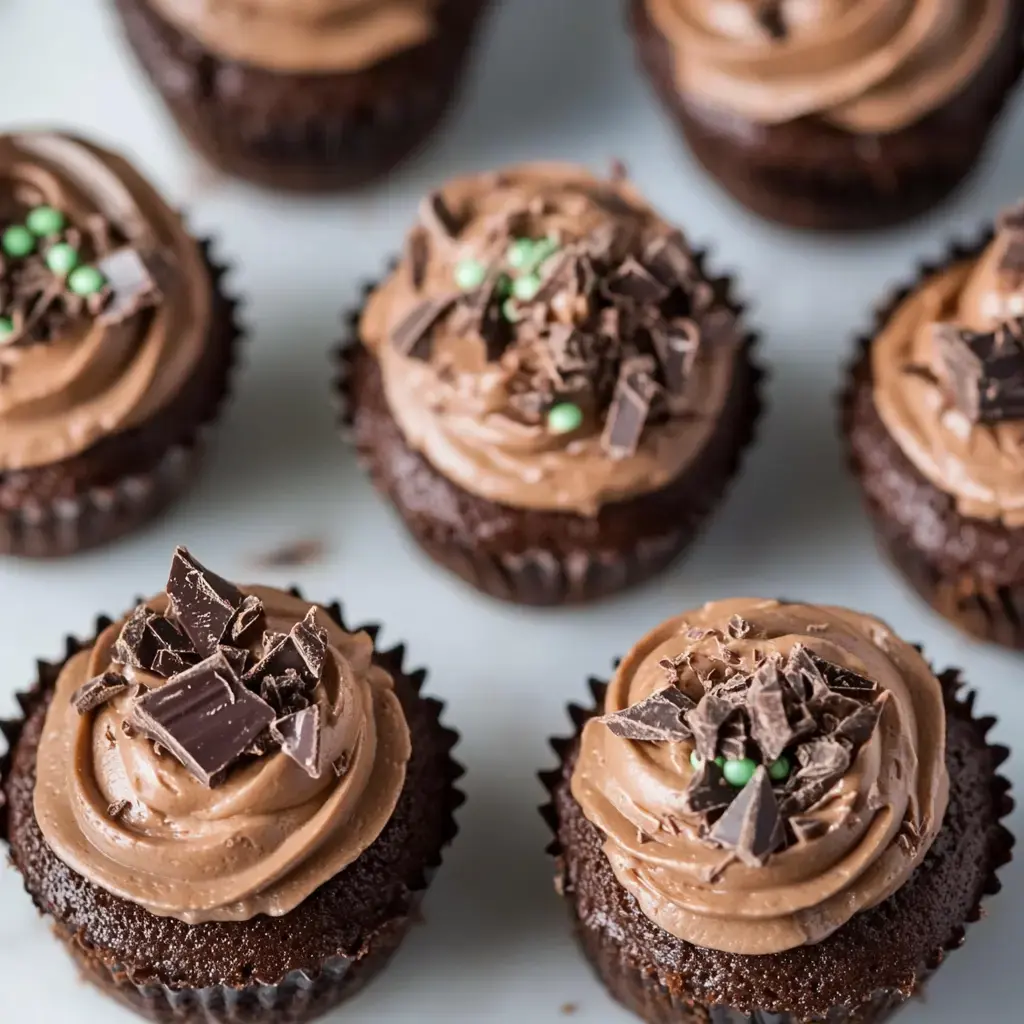 A close-up of chocolate cupcakes topped with creamy chocolate frosting and decorated with chopped chocolate and green sprinkles.