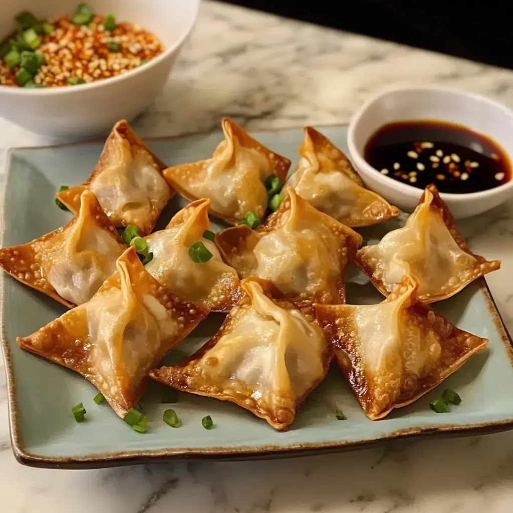 A plate of golden-brown dumplings garnished with chopped green onions, accompanied by small bowls of dipping sauces.