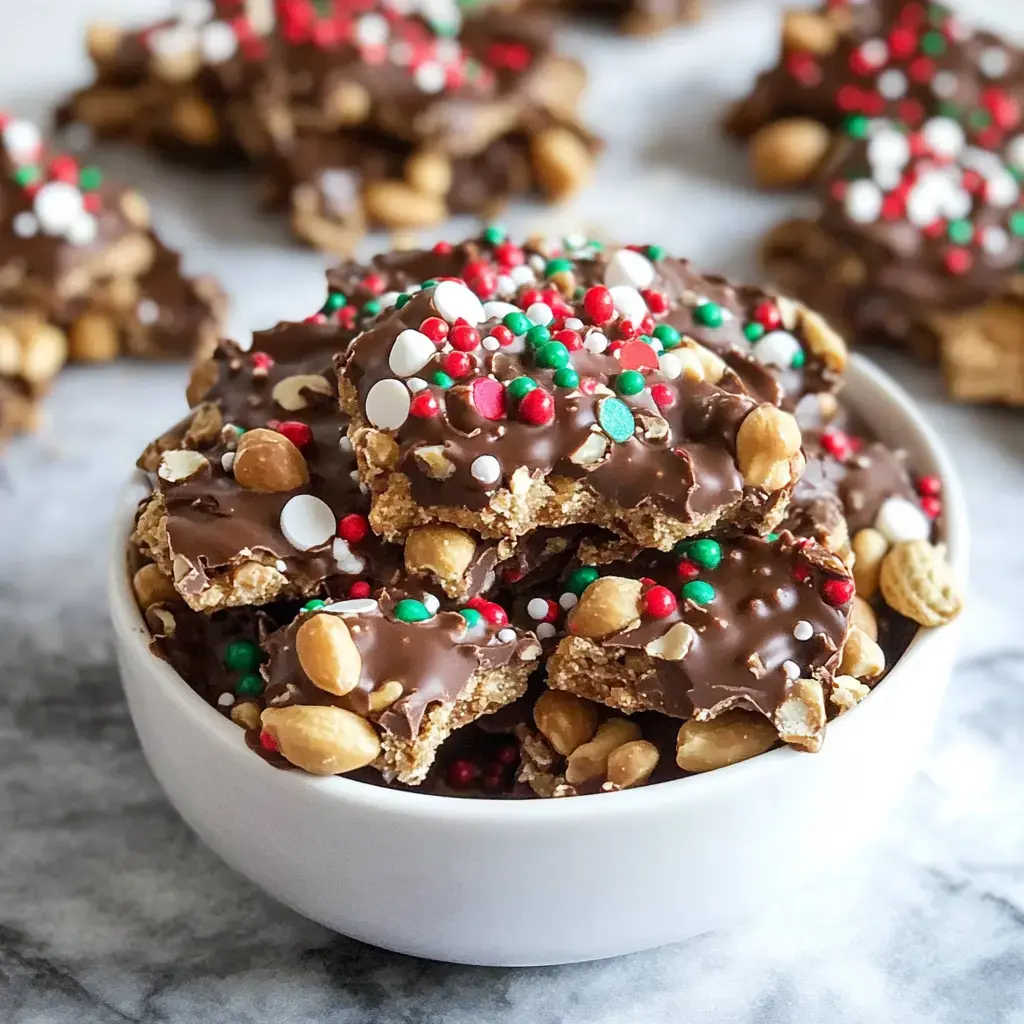 A white bowl filled with chocolate-covered treats topped with colorful candy sprinkles and nuts, set against a blurred background of similar snacks.