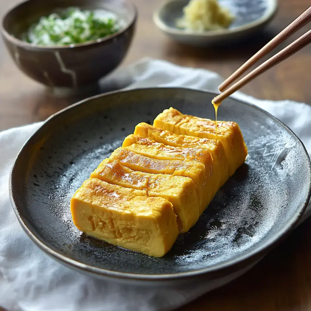 A serving of sliced Japanese omelette is displayed on a black plate, with chopsticks poised above it, alongside a bowl of chopped green onions and a small dish of wasabi in the background.