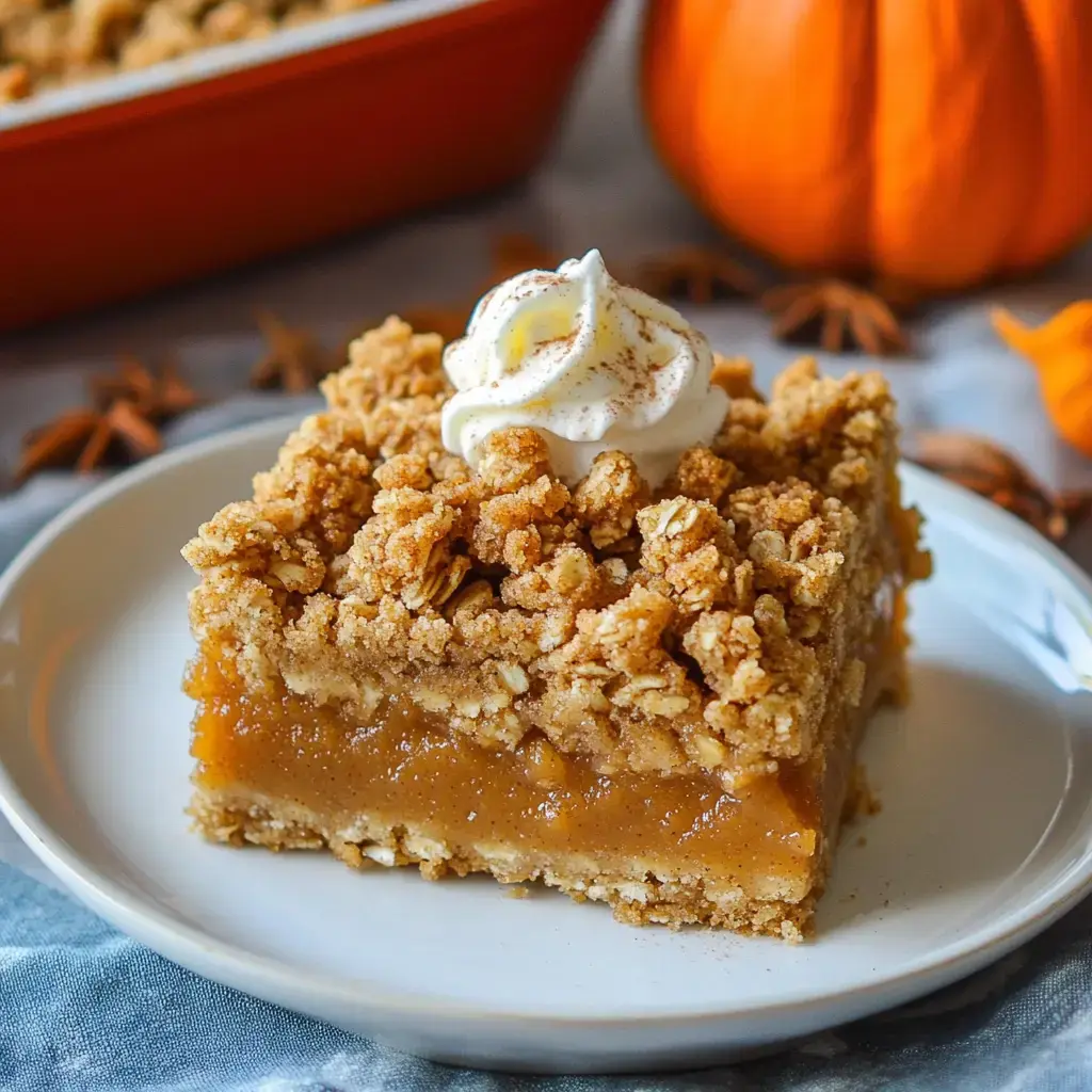 A slice of pumpkin crumble dessert topped with whipped cream, sitting on a plate next to a small pumpkin and spices.