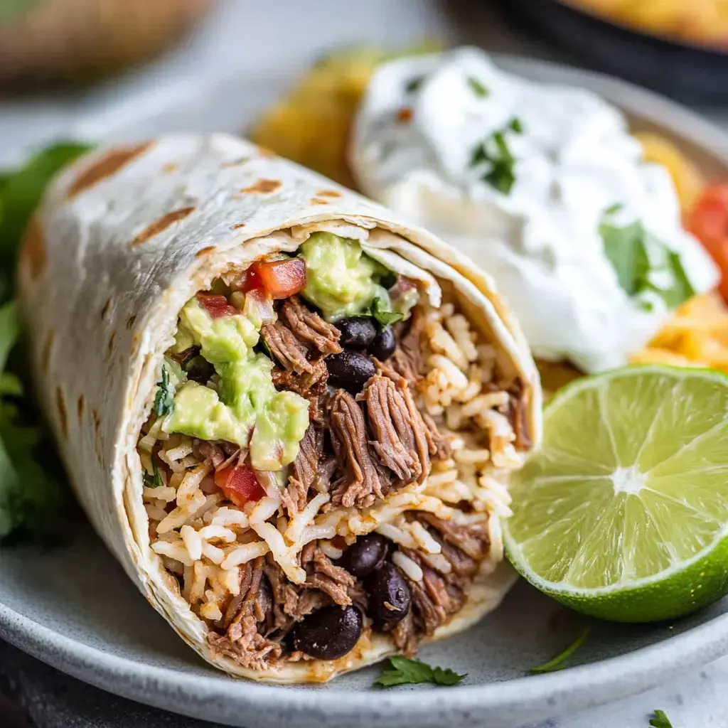 A close-up of a burrito filled with rice, black beans, shredded beef, and guacamole, served with a lime wedge and a dollop of sour cream.