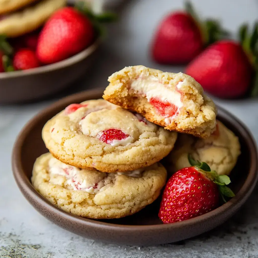 A plate of strawberry-stuffed cookies, with one cookie cut in half to show the creamy filling and surrounding fresh strawberries.