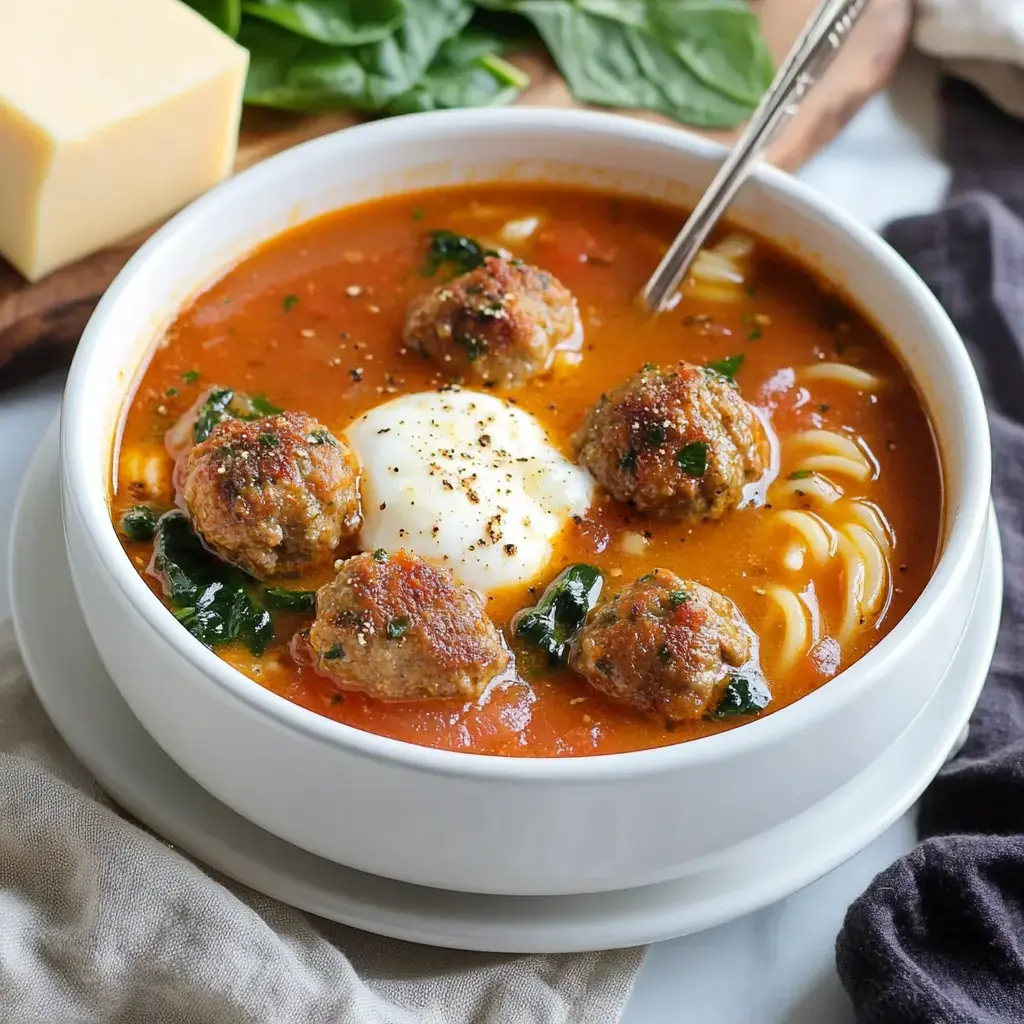 A bowl of soup containing meatballs, spinach, and a poached egg, served with rotini pasta in a tomato broth.