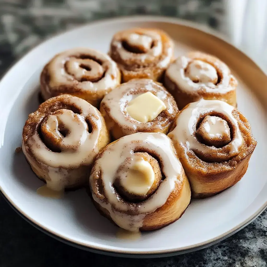 A plate of freshly baked cinnamon rolls topped with cream cheese icing and a pat of butter.