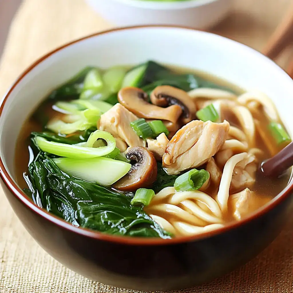 A close-up of a bowl of chicken noodle soup with spinach, mushrooms, and green onions in a savory broth.