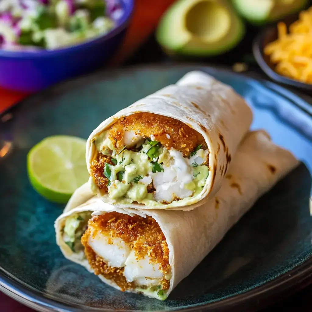 Two fish tacos wrapped in tortillas, filled with guacamole, cilantro, and a slice of lime, served on a teal plate with additional toppings in the background.