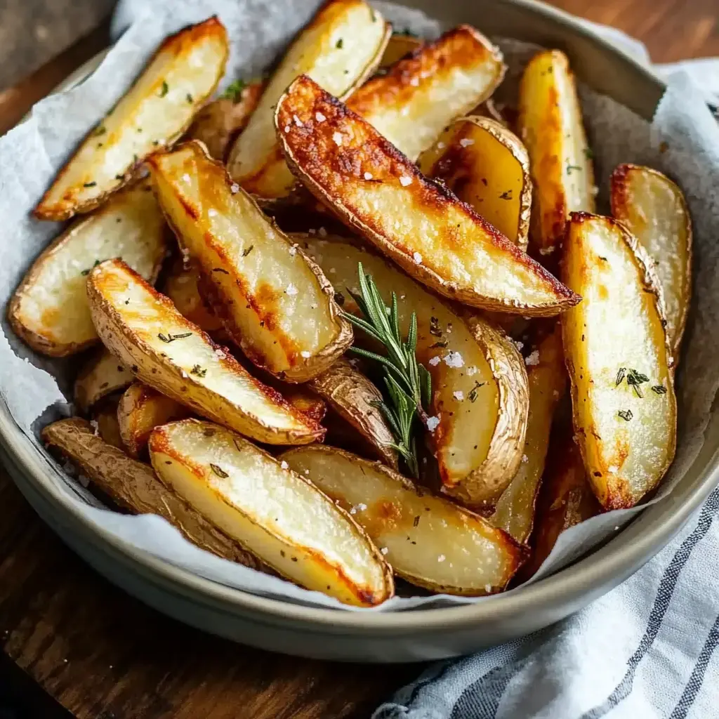 A bowl of golden-brown roasted potato wedges garnished with herbs.