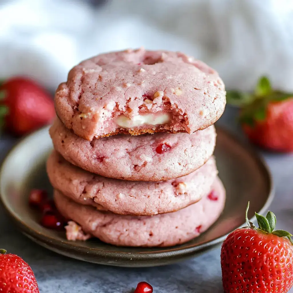 A stack of pink cookies with a bite taken out of the top cookie, revealing a white filling, surrounded by fresh strawberries on a plate.