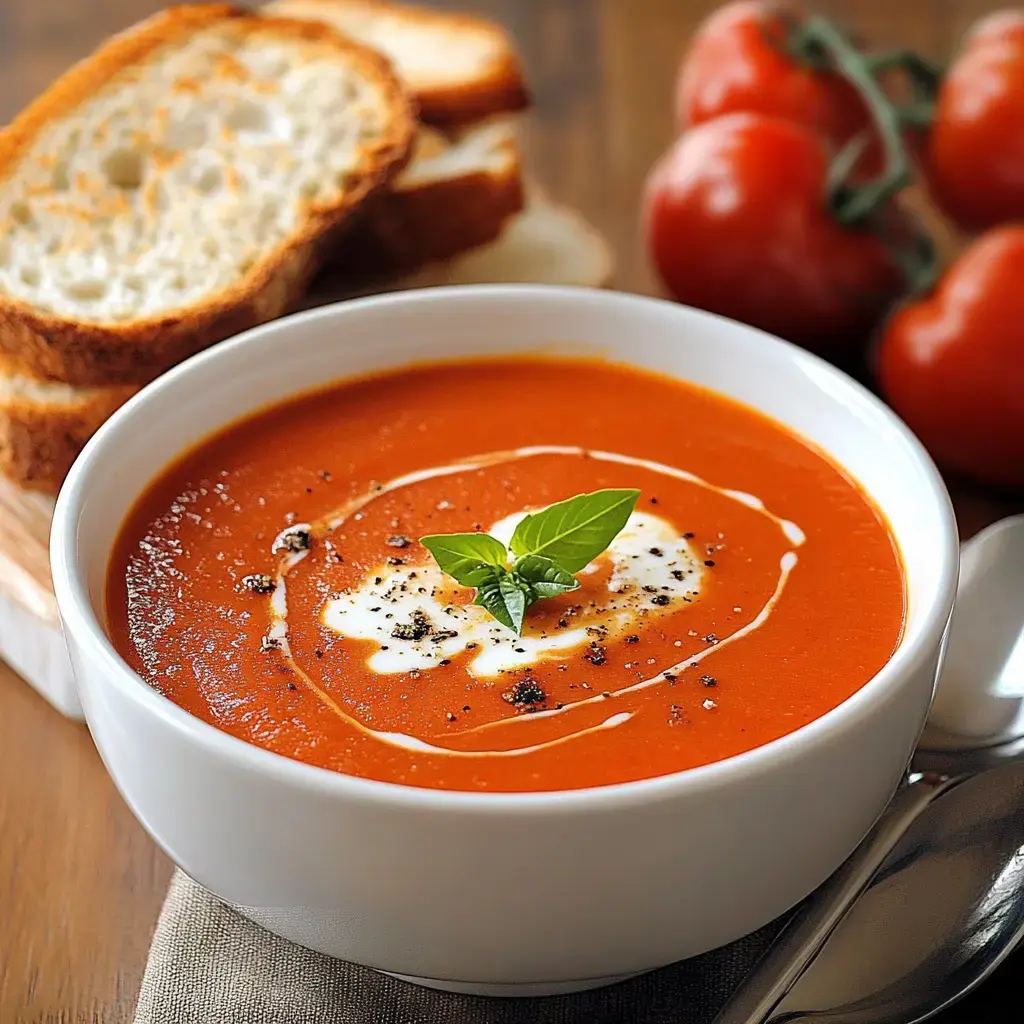 A bowl of creamy tomato soup garnished with a basil leaf and a swirl of cream, accompanied by slices of toasted bread and ripe tomatoes in the background.