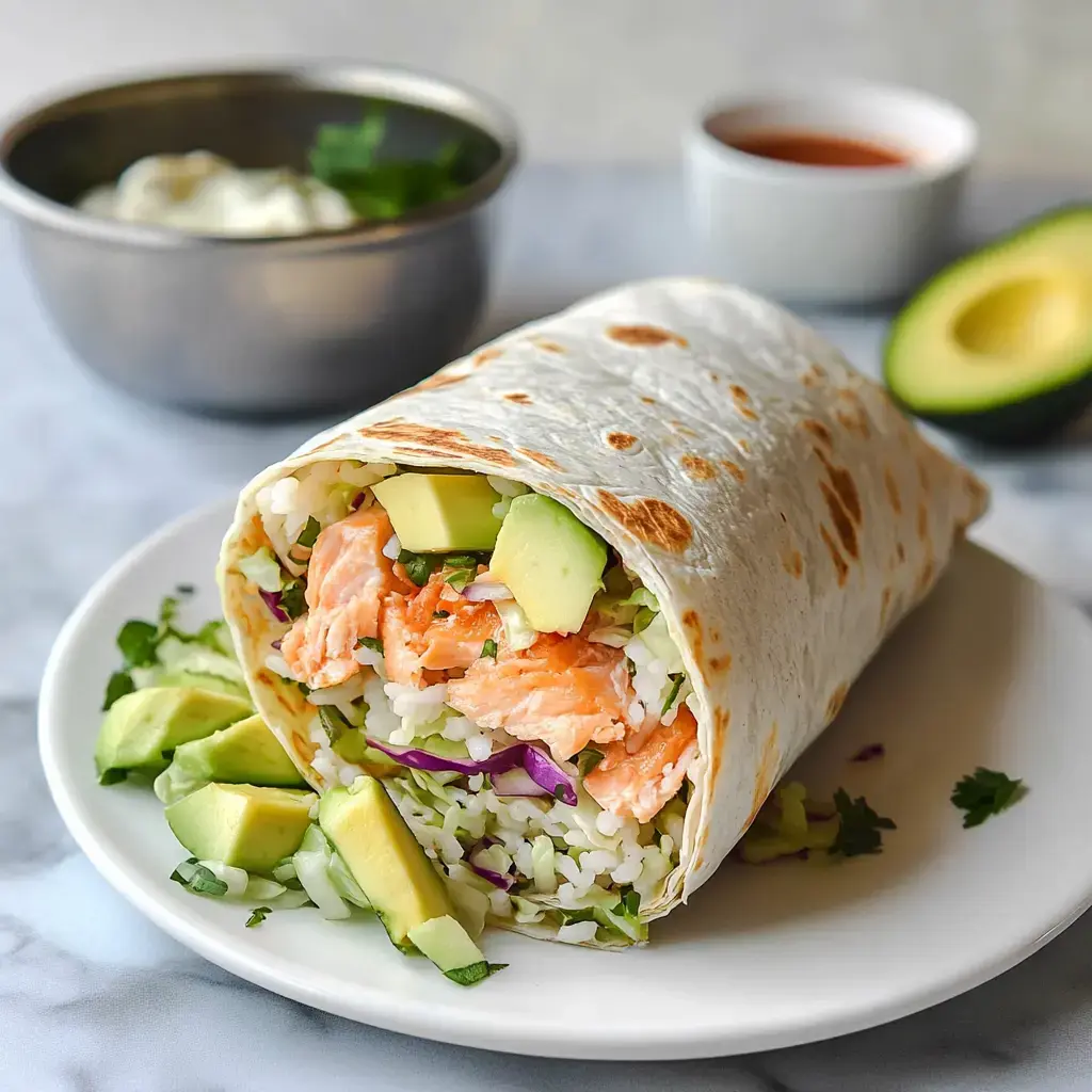 A tortilla wrap filled with salmon, rice, avocado, and vegetables, served on a white plate with additional avocado and a bowl of sauce in the background.