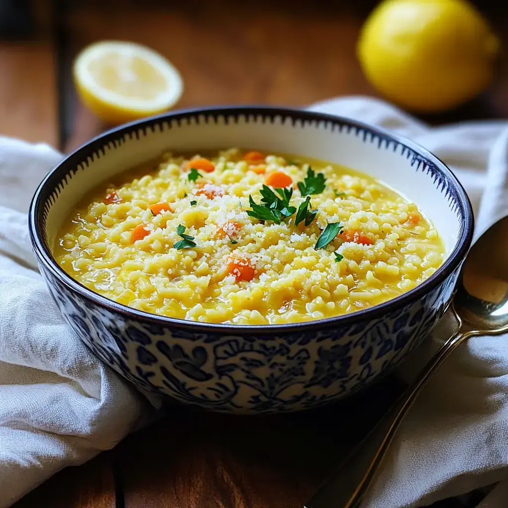 A bowl of creamy pasta dish topped with parsley and cheese, accompanied by a lemon half in the background.