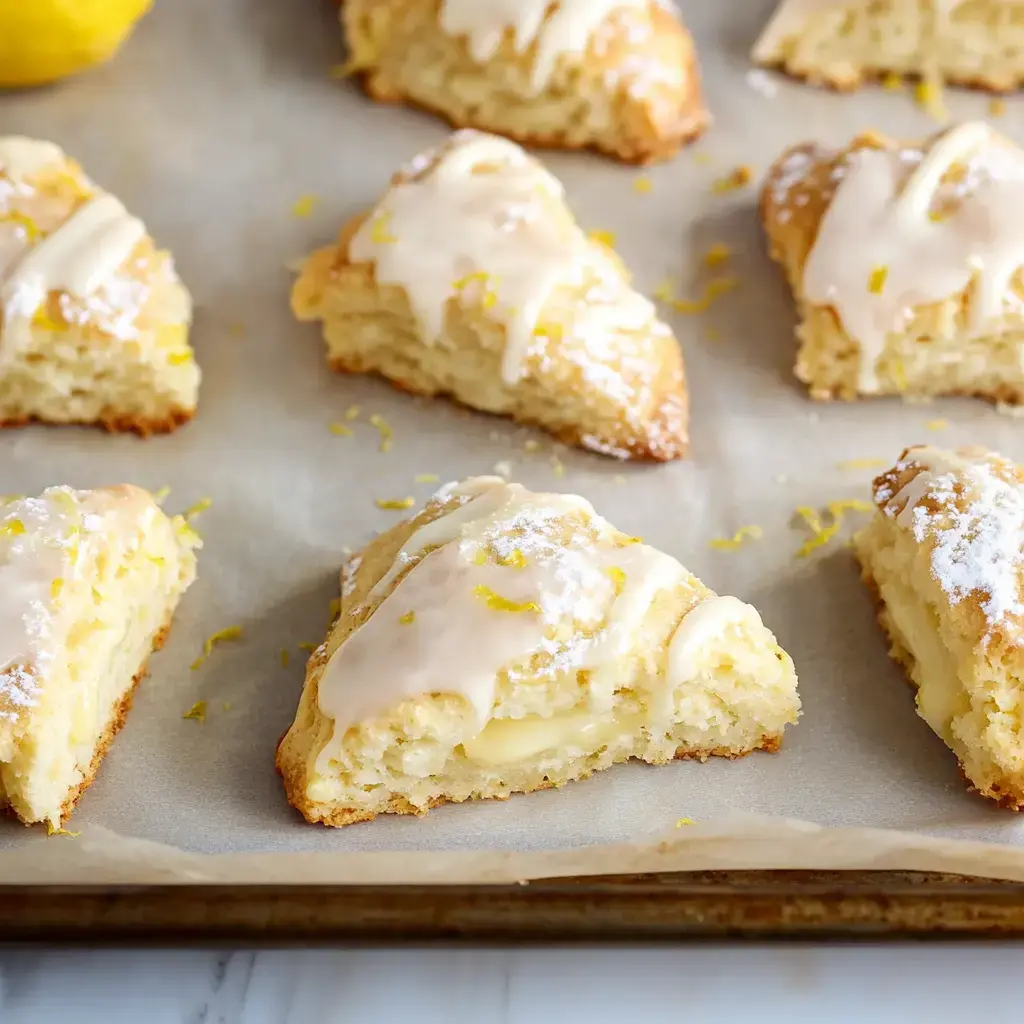 A tray of freshly baked lemon scones drizzled with icing and sprinkled with lemon zest.