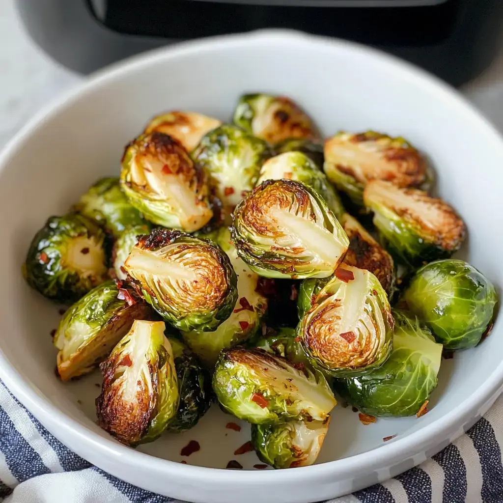 A white bowl filled with roasted Brussels sprouts garnished with red pepper flakes.