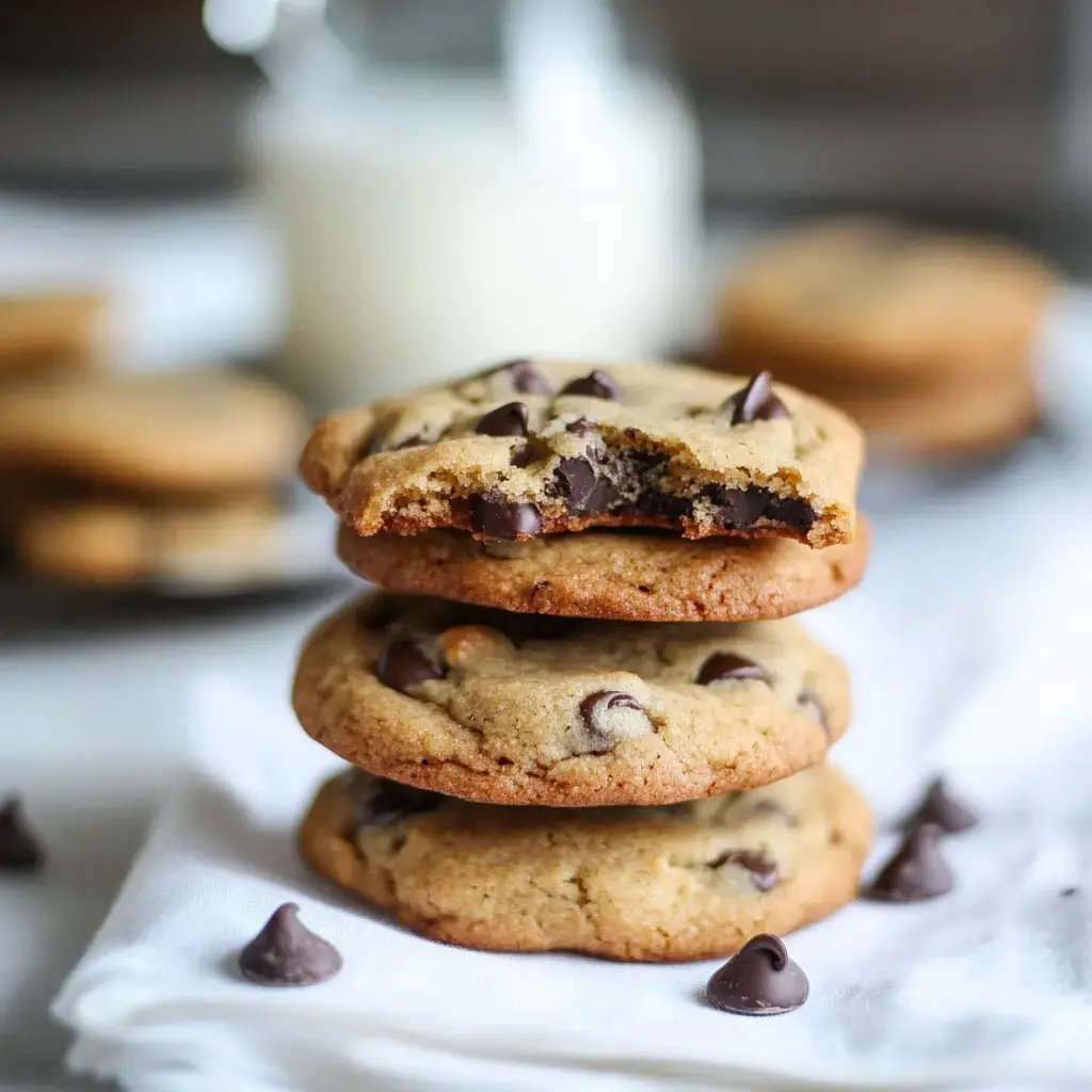 Three chocolate chip cookies stacked on a white cloth, with one cookie partially bitten and chocolate chips scattered around, and a glass of milk in the background.