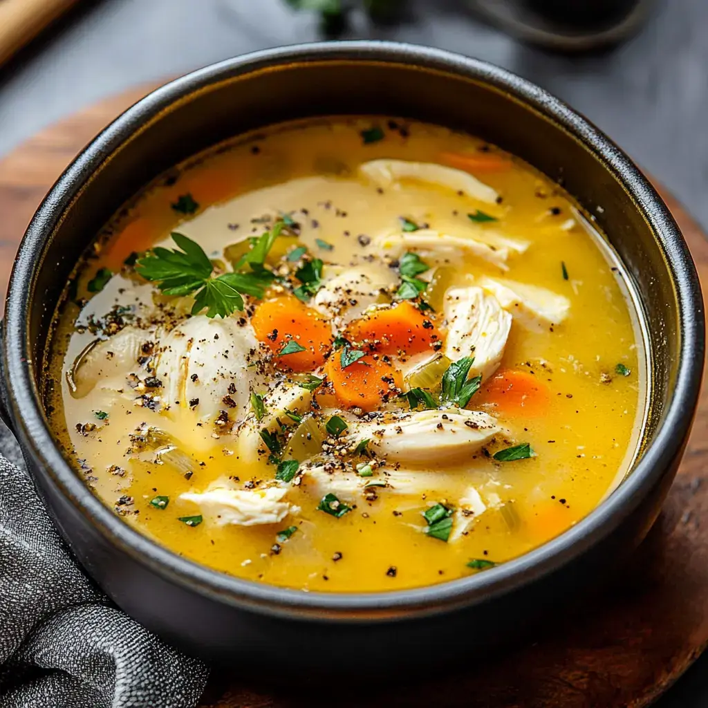 A close-up of a bowl of chicken soup, featuring shredded chicken, carrots, and green herbs in a savory broth, garnished with black pepper.