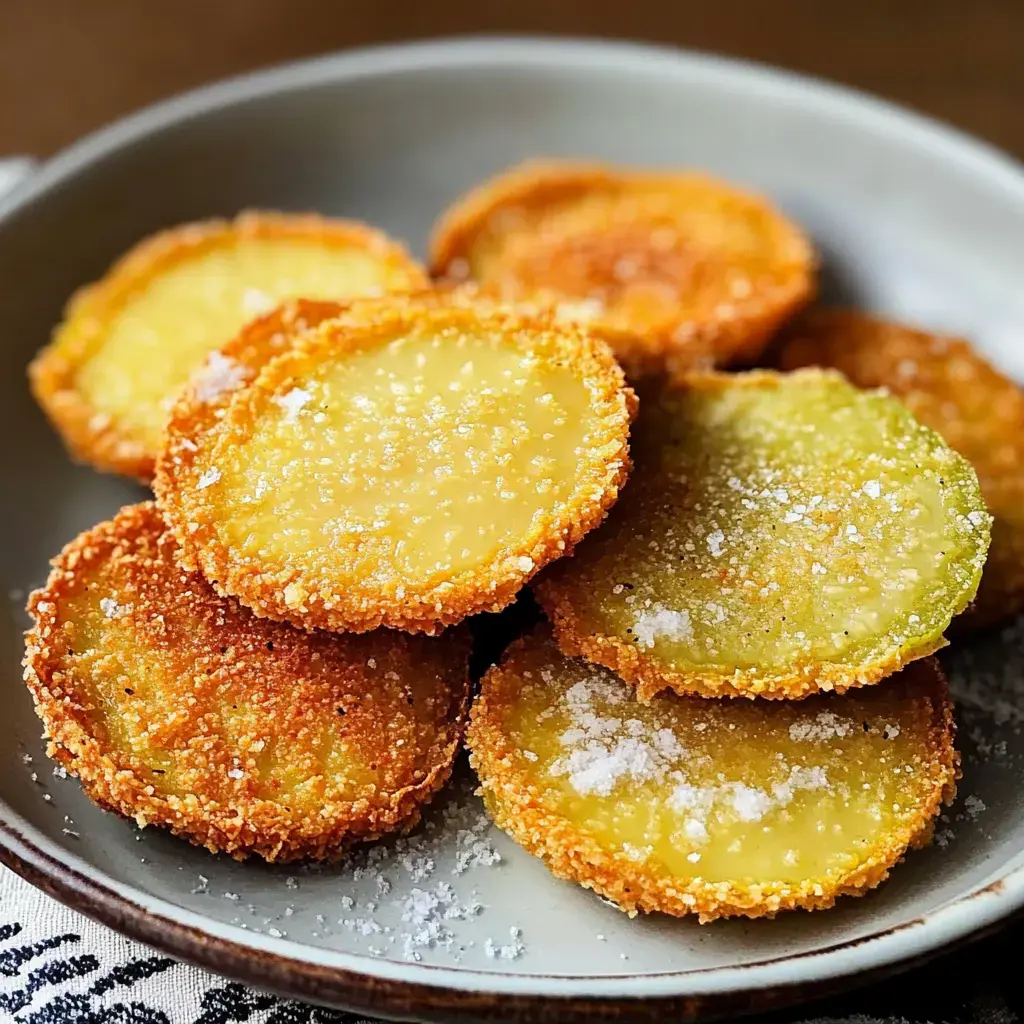 A plate of crispy, golden-brown fried green tomatoes sprinkled with salt.