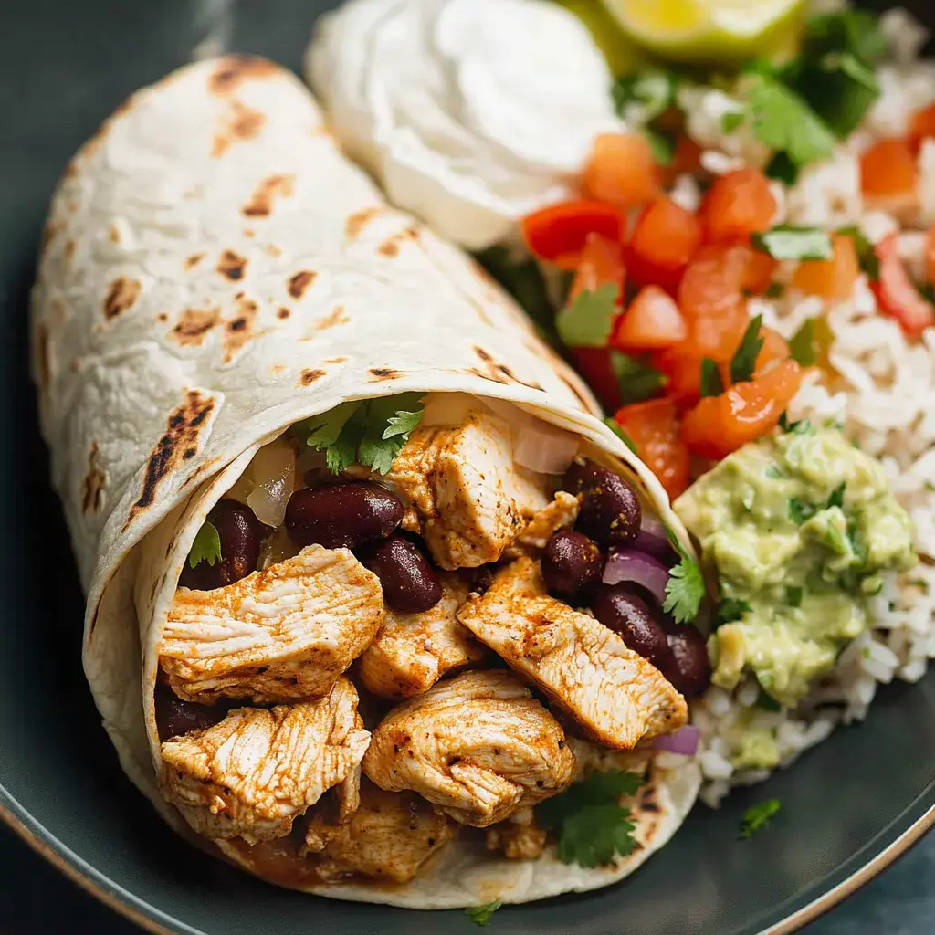 A close-up of a chicken burrito filled with black beans and cilantro, served with rice, diced tomatoes, guacamole, and sour cream on the side.