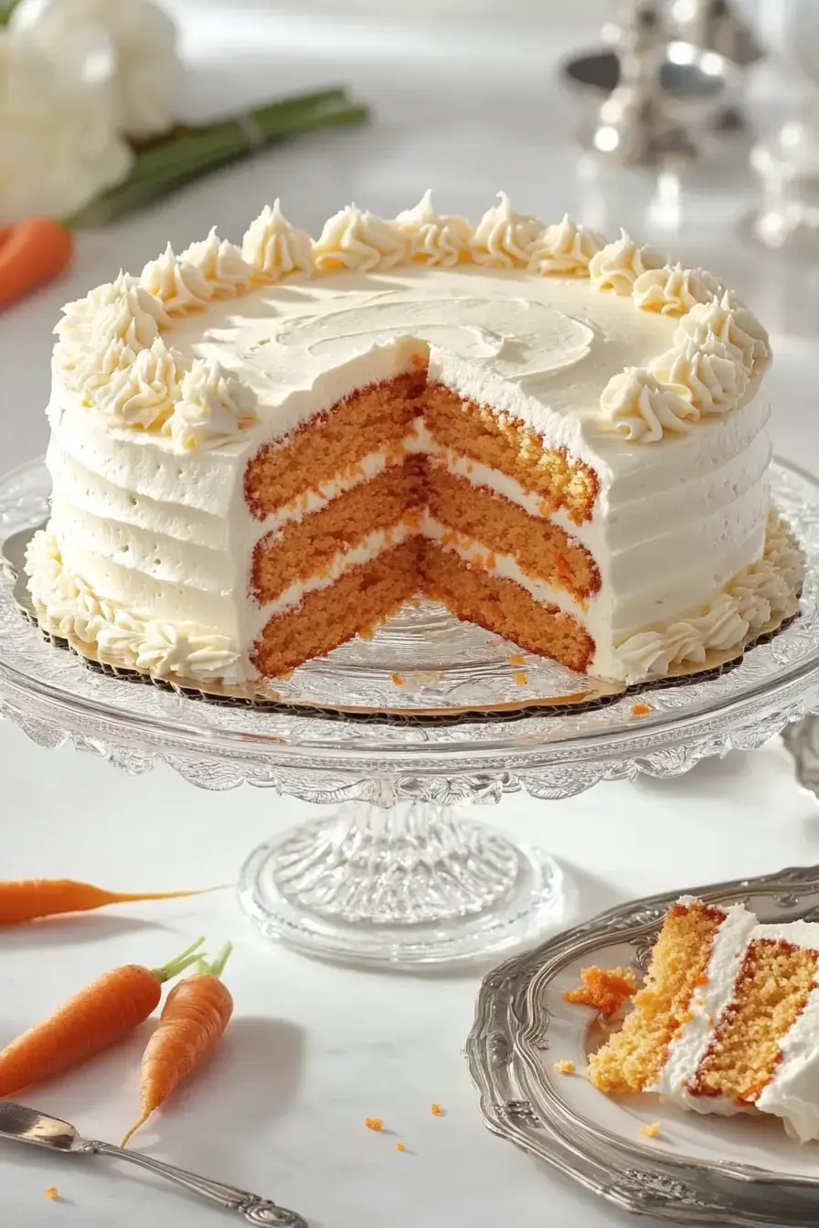 A layered carrot cake with cream frosting, partially sliced, sits on a glass cake stand next to fresh carrots and a silver fork.