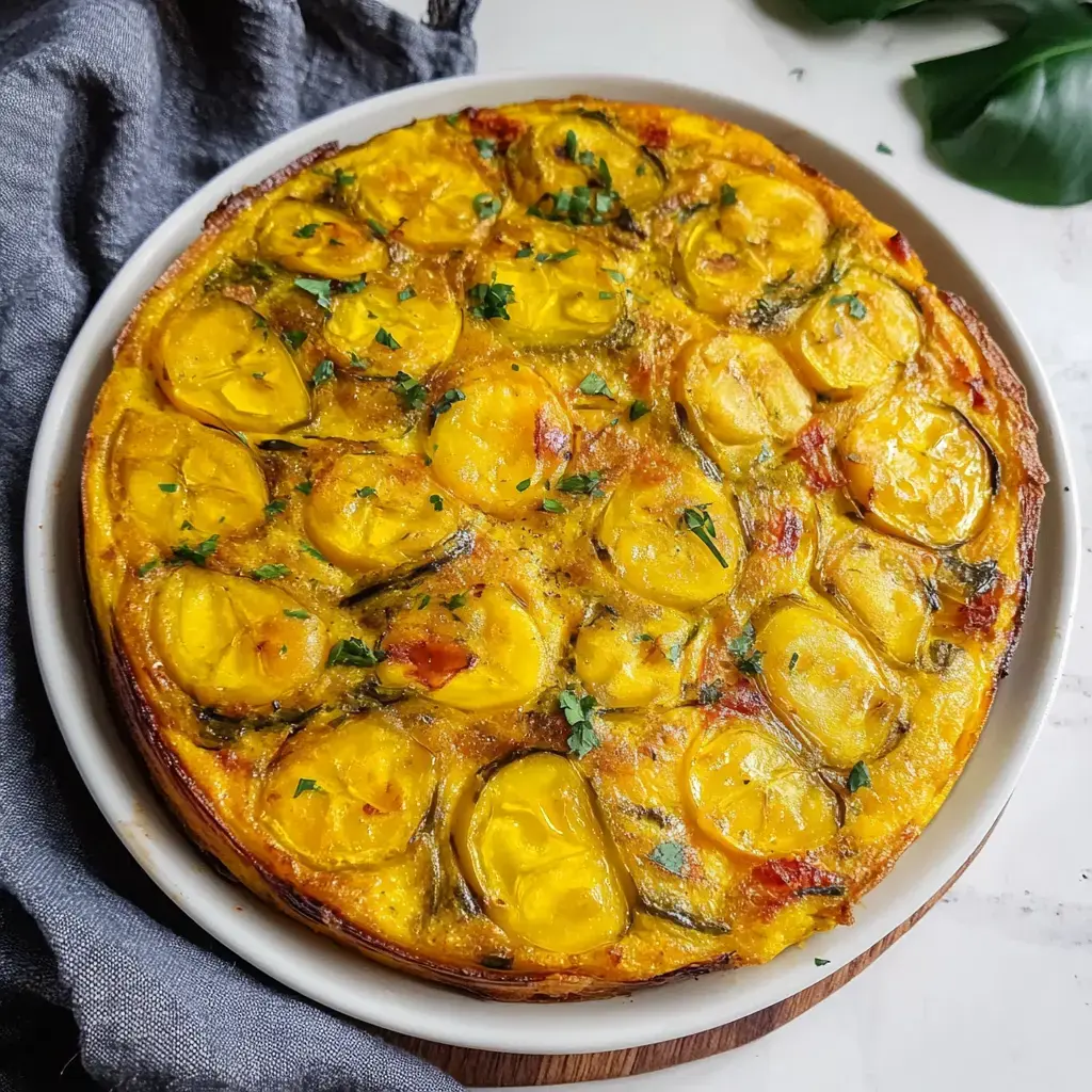 A golden frittata with sliced vegetables, garnished with herbs, sits on a white plate atop a wooden surface.