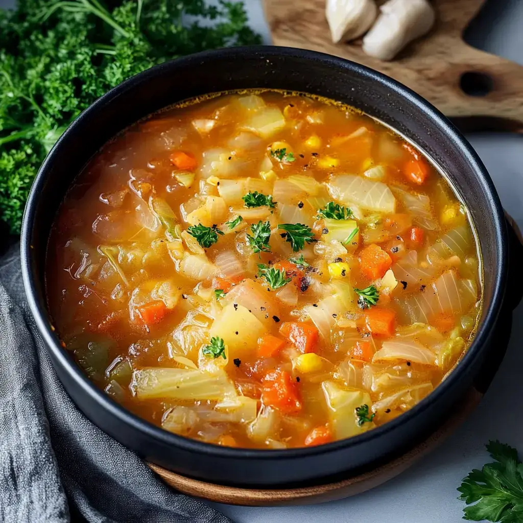 A rich vegetable soup with cabbage, carrots, and corn, garnished with fresh parsley, served in a black bowl.