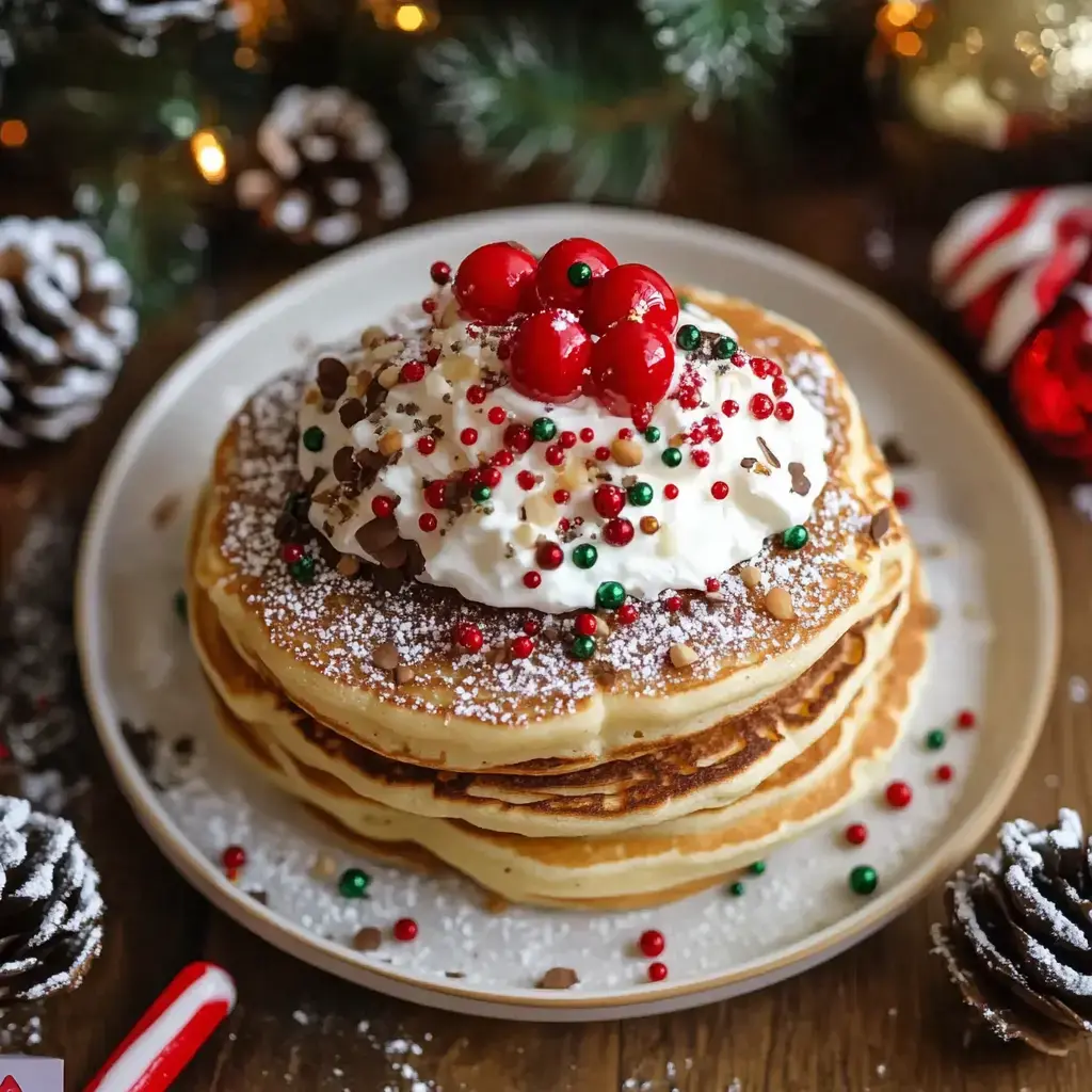 A stack of festive pancakes topped with whipped cream, cherries, chocolate sprinkles, and colorful candies, surrounded by pinecones and holiday decorations.