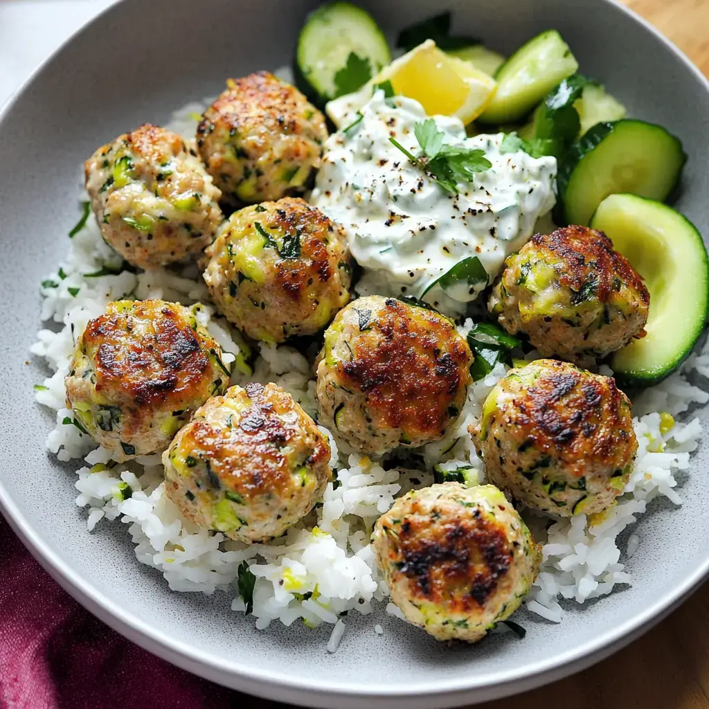 A bowl of rice topped with golden-brown meatballs, accompanied by cucumber slices, a lemon wedge, and a dollop of yogurt sauce.