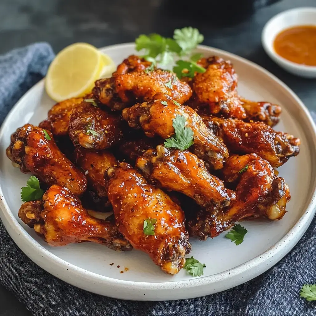 A plate of glazed chicken wings garnished with fresh cilantro and lemon slices.